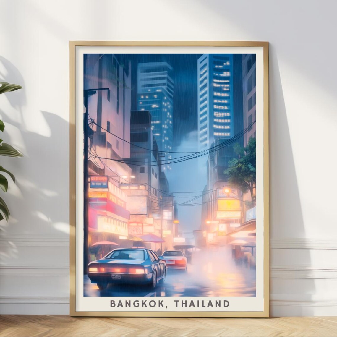 Bangkok Neon Street, Rainy Night Travel Poster