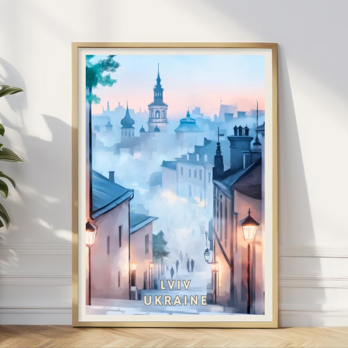 Lviv Ukraine Old Town Misty Street Sunrise Eastern Europe Travel Poster