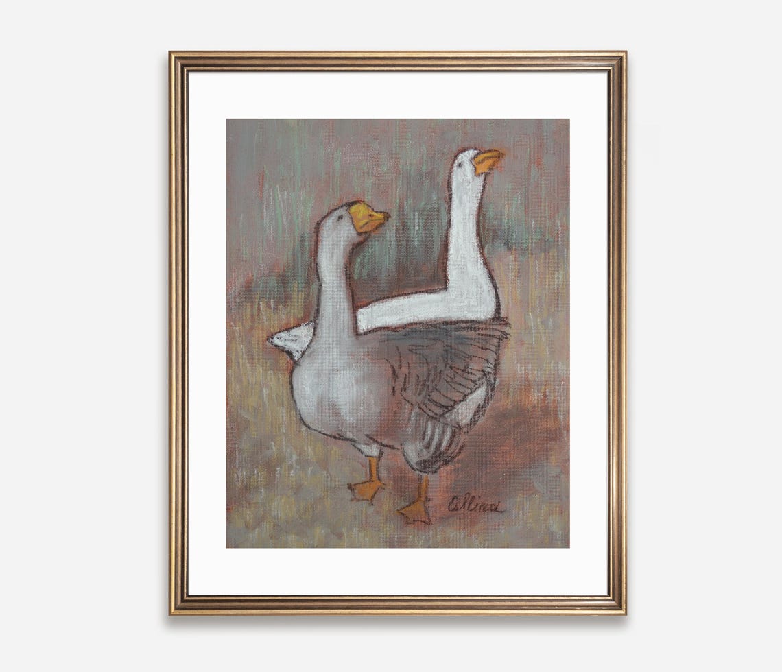 Two Geese Side by Side Painting Poster White and Gray Farm Birds