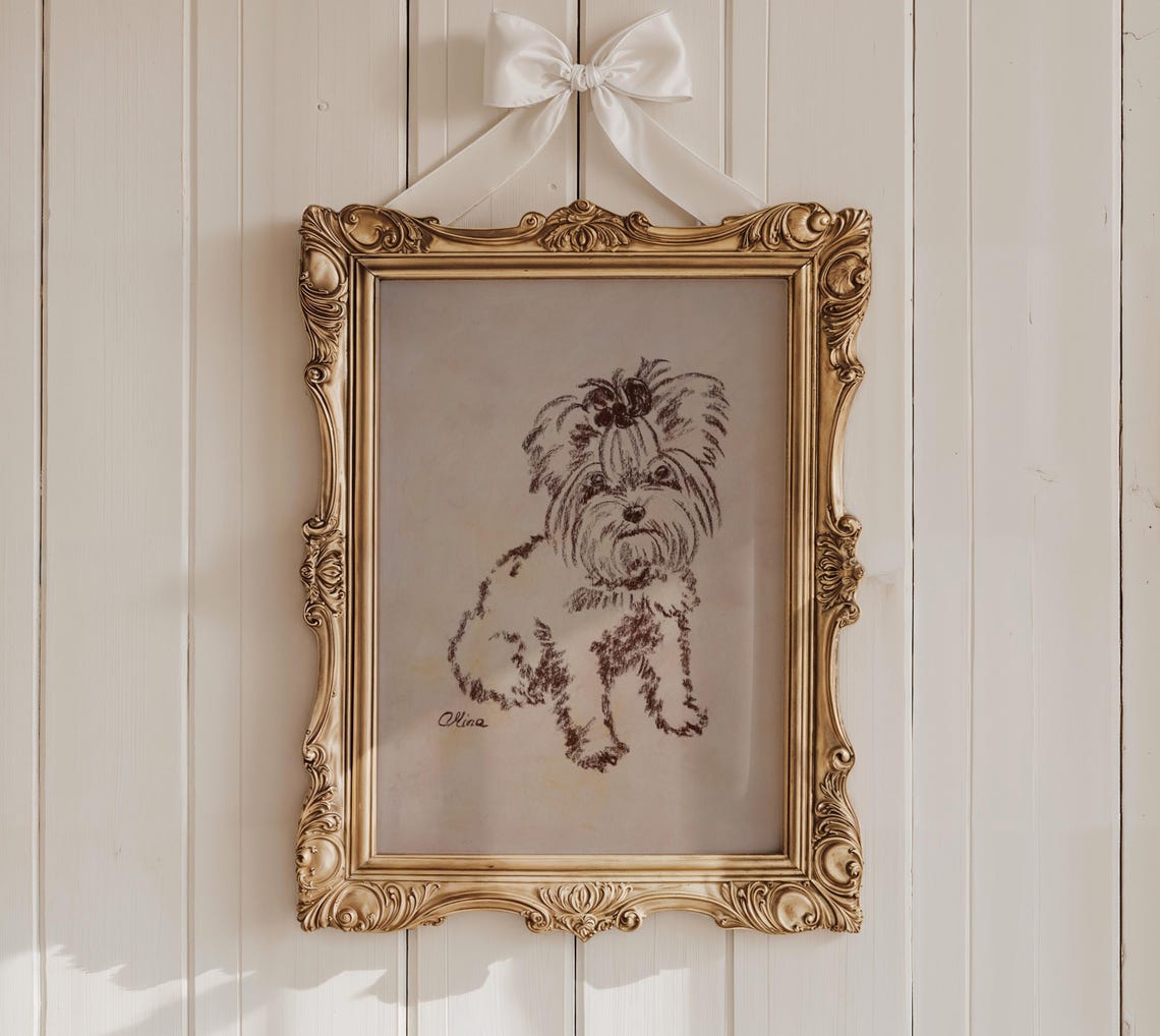 Little Dog With Bow Ink Sketch Poster Sweet Puppy Artwork Gift