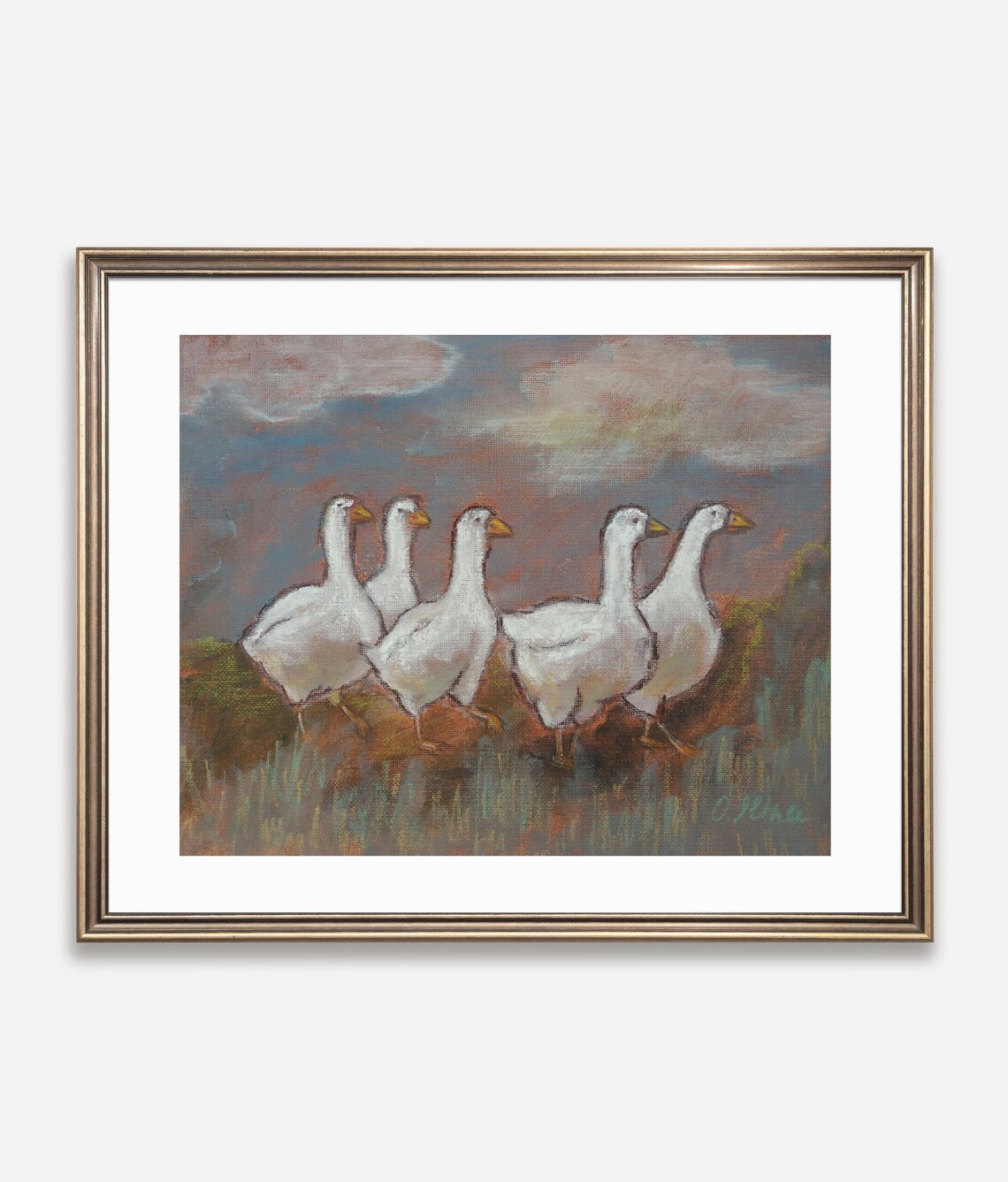 Five White Geese Walking Painting Poster Rustic Farmhouse Art
