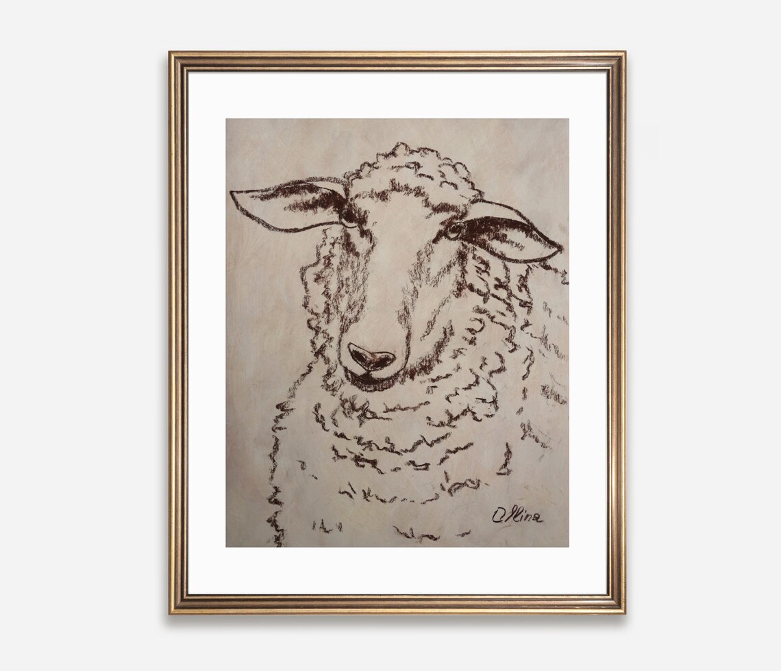 Sheep Portrait Ink Sketch Poster Gentle Farm Animal Artwork Decor
