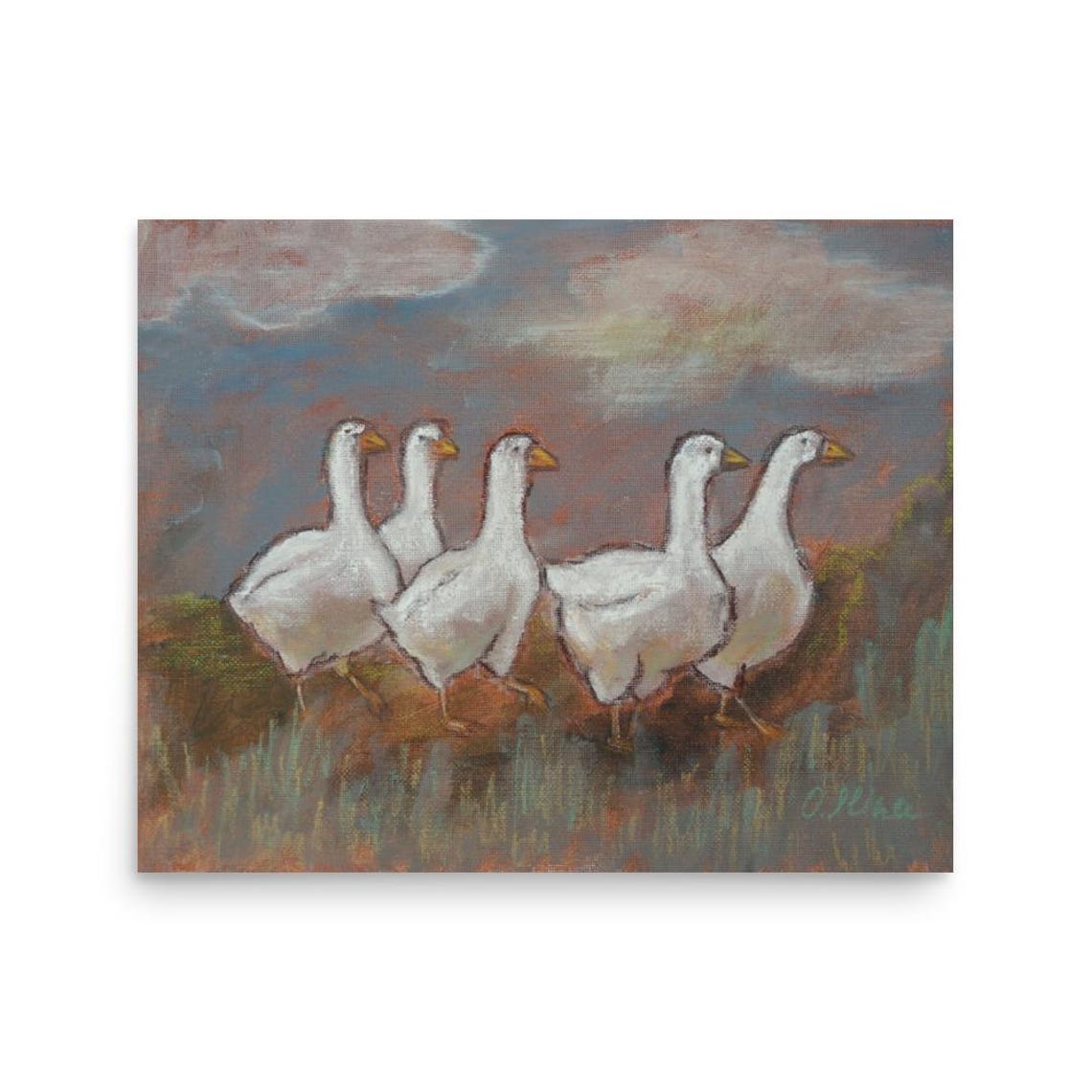 Five White Geese Walking Painting Poster Rustic Farmhouse Art - Image 3