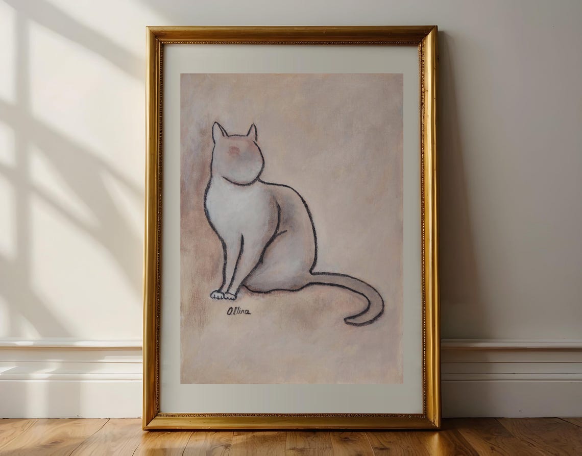 Sitting White Cat in a Minimal Abstract Line Drawing Art Poster - Image 2