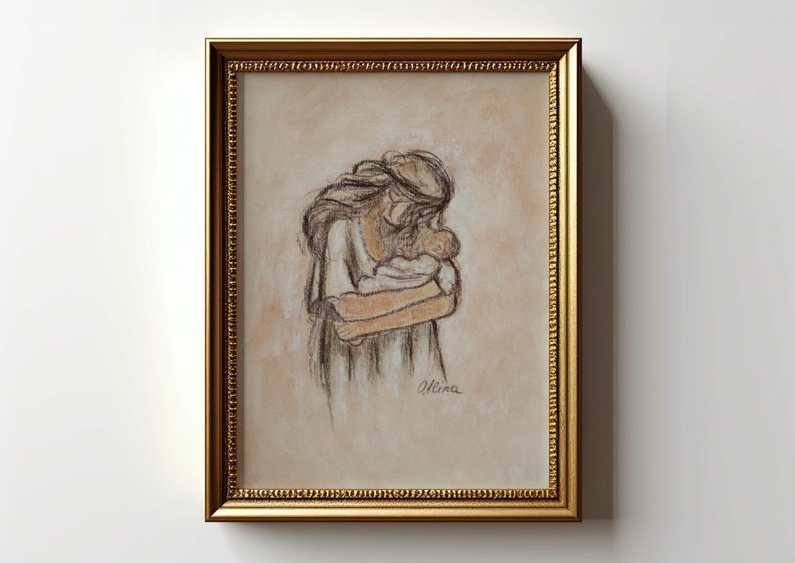 Mother Cradling Her Newborn Abstract Sketch Nursery Art Poster