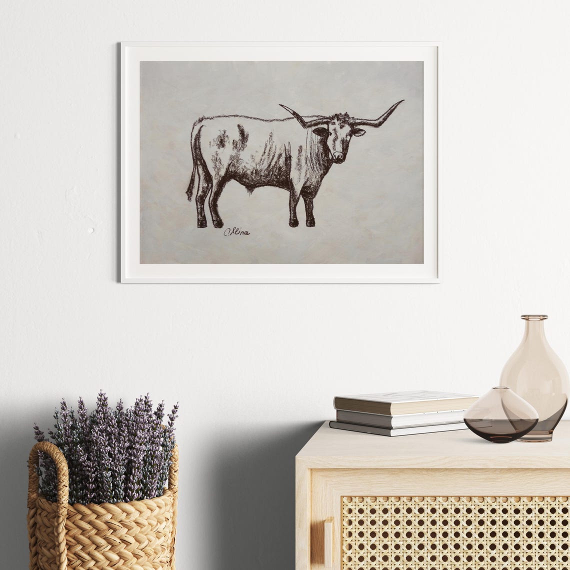 Longhorn Steer Standing Sepia Ink Sketch Poster Rustic Ranch Artwork - Image 2