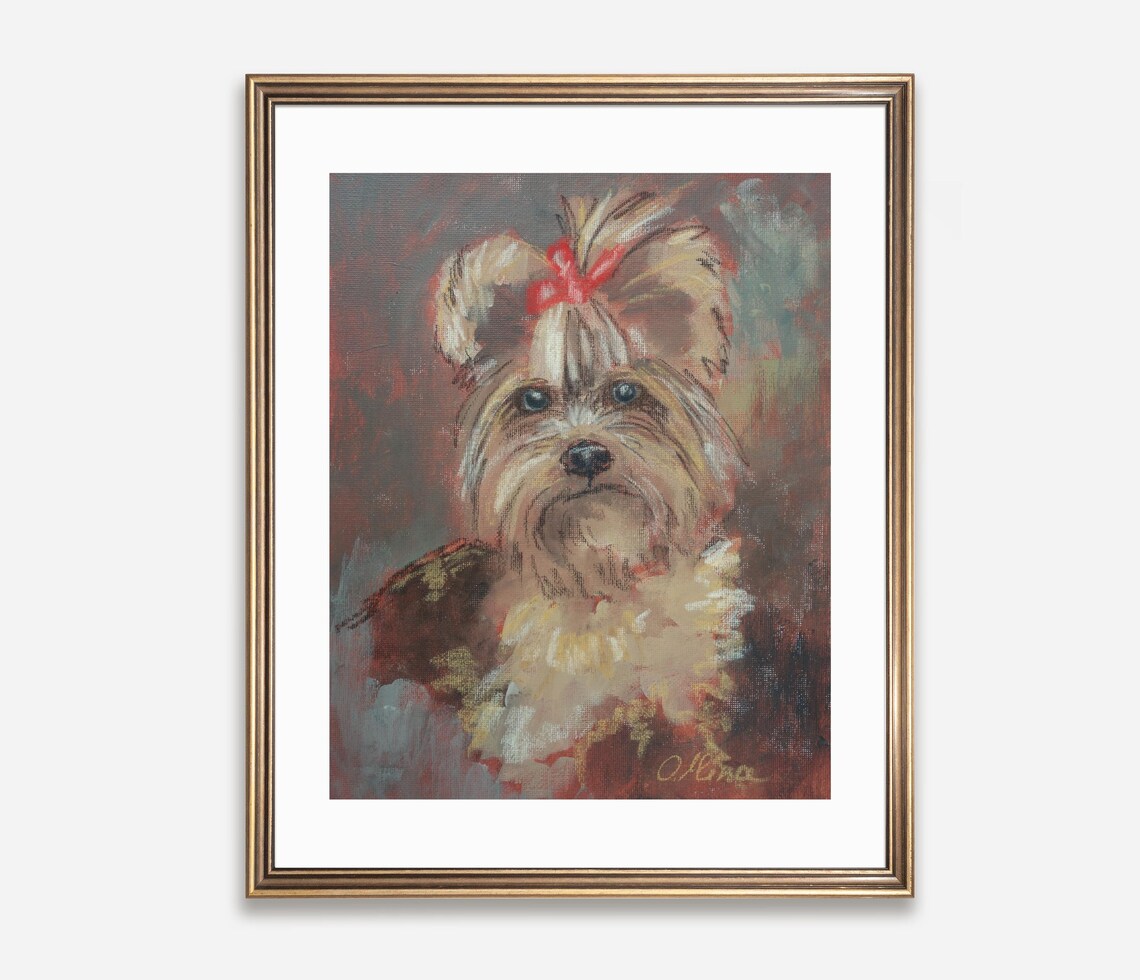 Yorkshire Terrier With Red Bow Portrait Painting Poster Dog Lover Art - Image 2
