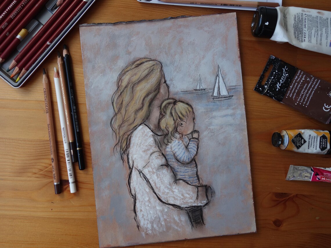 Mother and Daughter Watching Sailboats on a Calm Sea Art Poster - Image 3