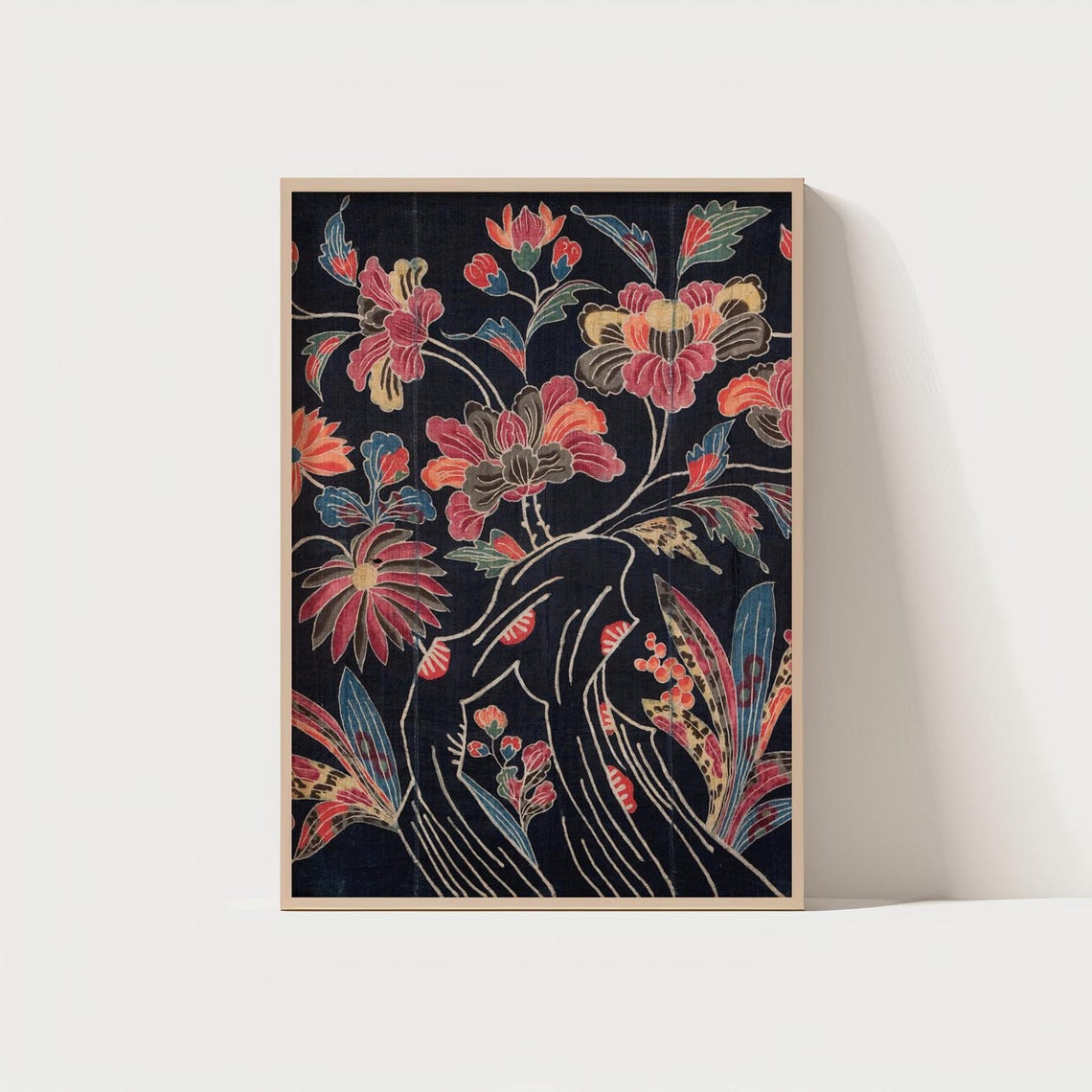 Vintage Black Batik Floral Fabric Pattern Dark Botanical Poster