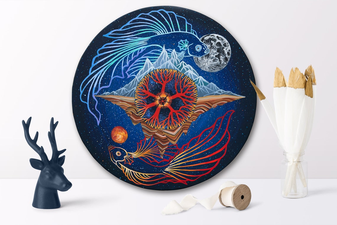 Two Cosmic Fish Circling Red Tree Of Life Under Moon Mandala Poster - Image 3