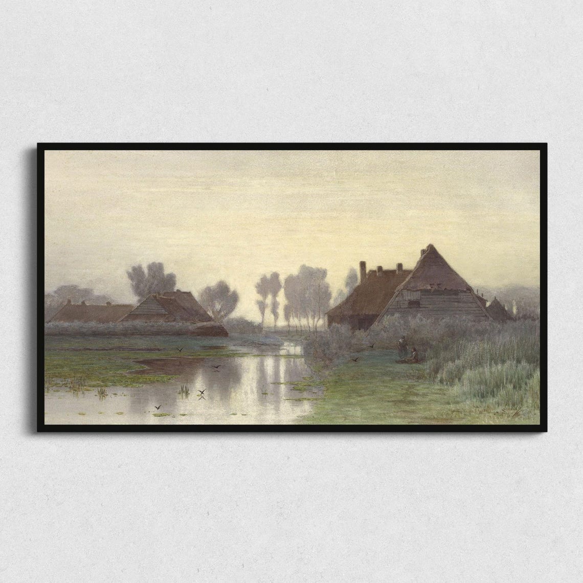 Dutch Canal Thatched Cottages Morning Mist Antique Art Print Poster