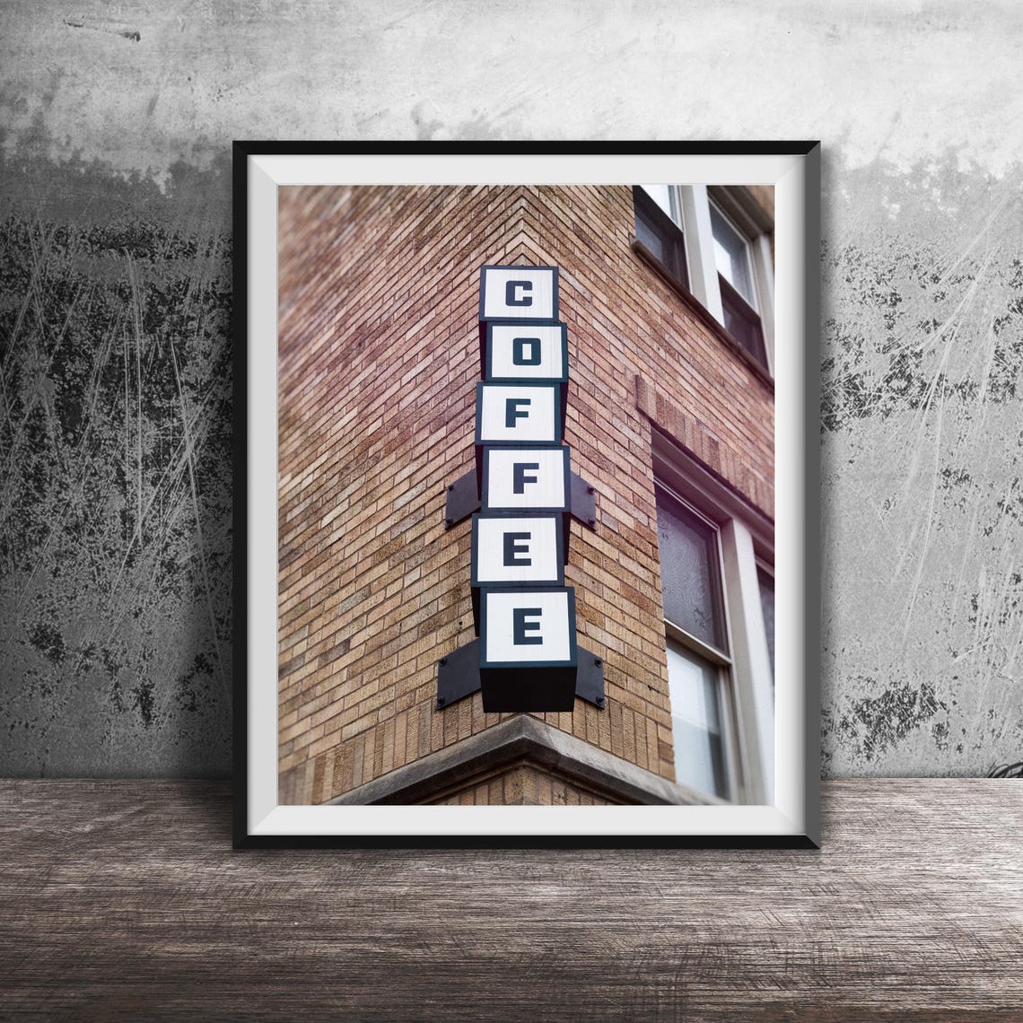 Coffee Vertical Sign on Brick Building Corner Photography Poster