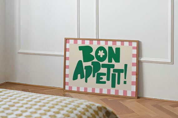 Green Bon Appetit Typography Poster with Pink Gingham Border