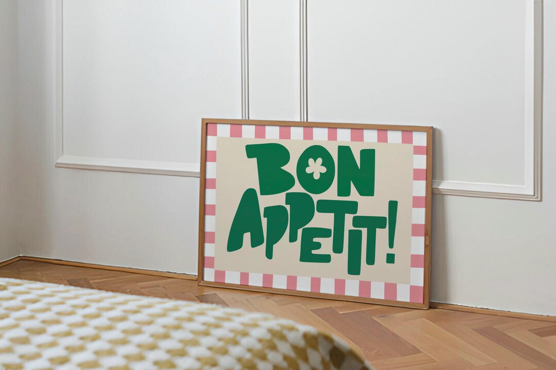 Green Bon Appetit Typography Poster with Pink Gingham Border