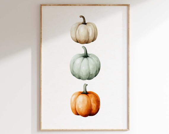 Stacked Watercolor Pumpkins White Sage Orange Minimalist Fall Poster