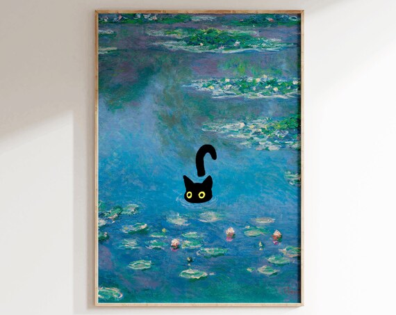 Funny Black Cat Swimming in Water Lily Pond Fine Art Parody Poster