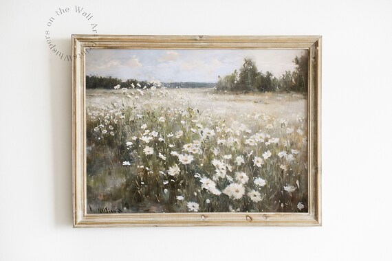 Spring Wall Art Muted Wildflower Landscape Painting Vintage Farmhouse Decor Moody Art Print Floral Wall Art