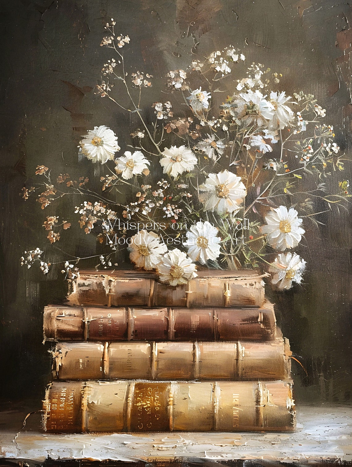 Vintage Books with White Daisies Moody Still Life Painting Poster - Image 5