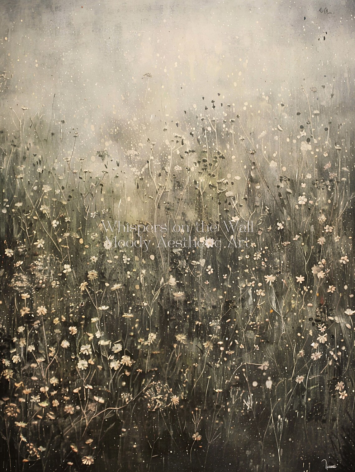 Misty Field Of Tiny White Wildflowers Atmospheric Moody Landscape Poster - Image 5
