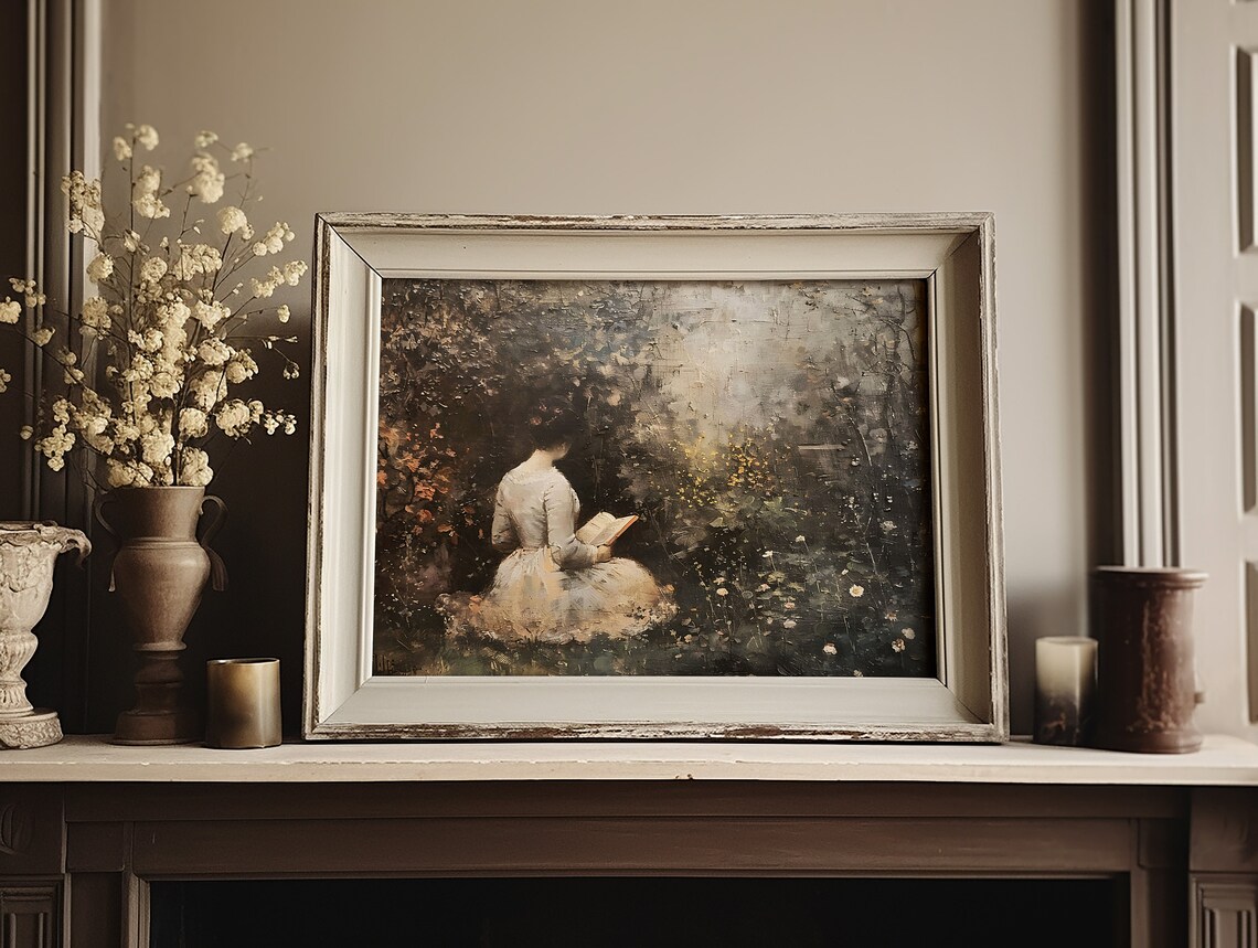 Woman Reading in Wildflower Garden Moody Vintage Painting Poster - Image 2