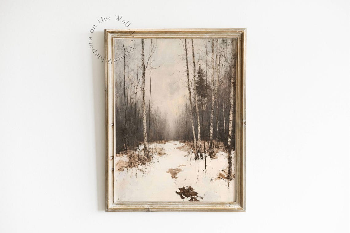 Misty Bare Birch Forest Winter Path Snow Vintage Style Poster - Image 2