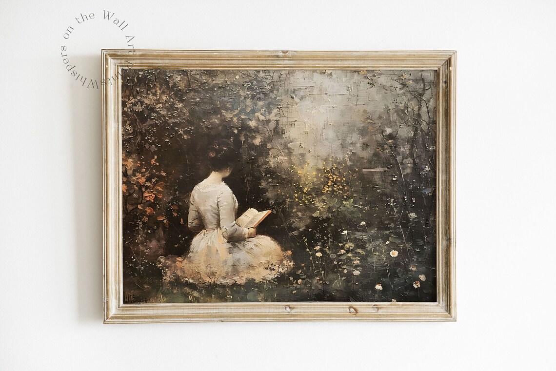 Woman Reading in Wildflower Garden Moody Vintage Painting Poster - Image 3