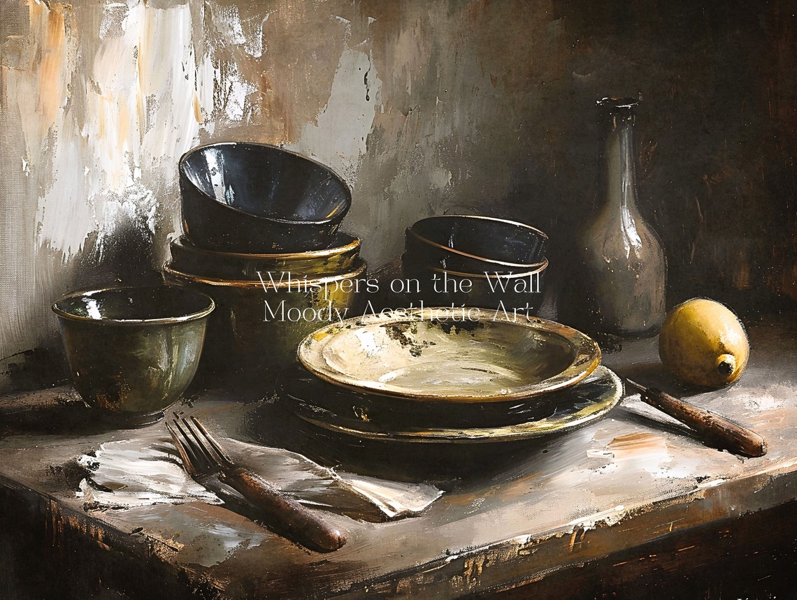 Rustic Bowls and Plate with Lemon Dark Kitchen Still Life Poster - Image 5