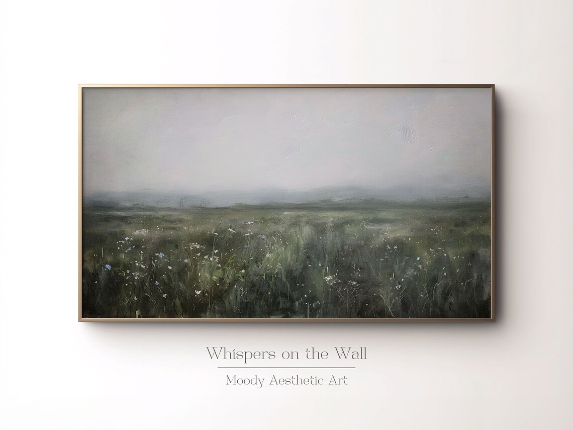 Foggy Green Meadow With Wildflowers Moody Misty Landscape Painting Poster - Image 6
