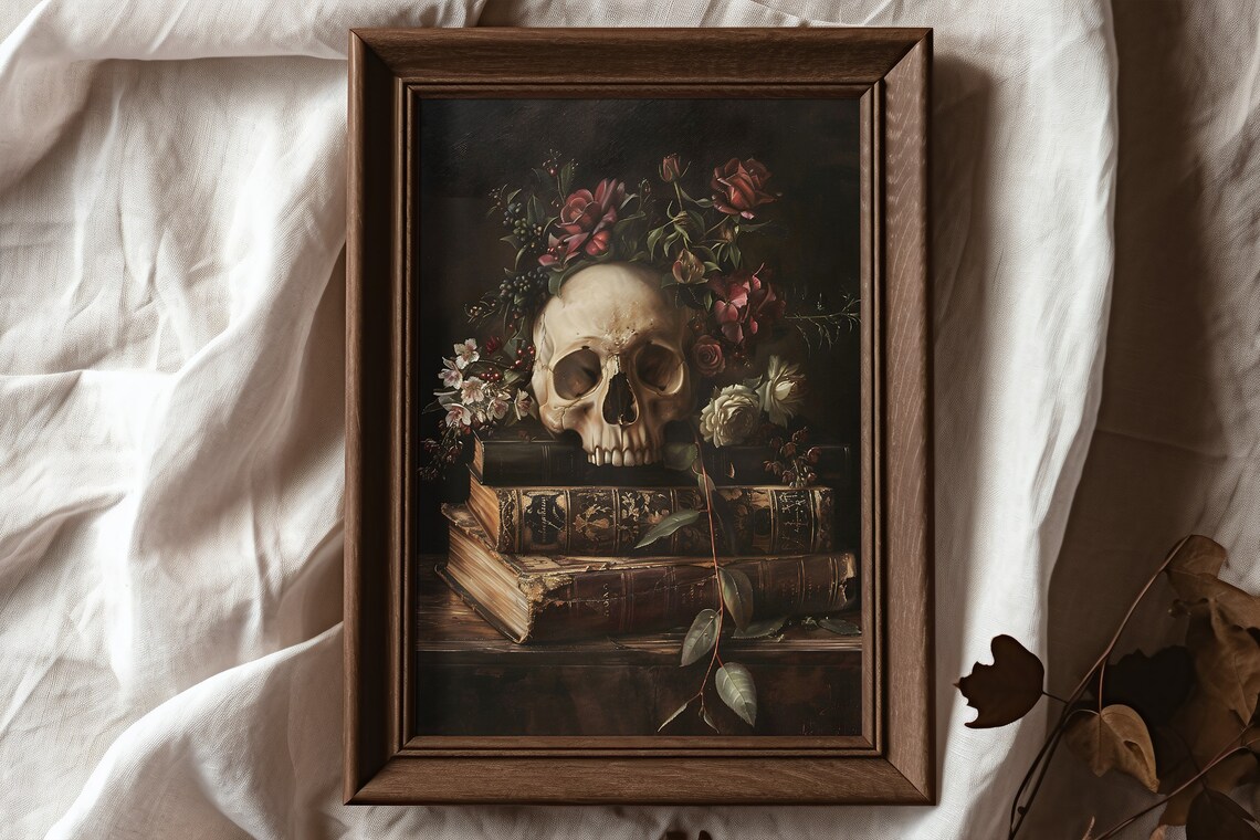 Skull Book Stack Art Print, Dark Academia Decor - Image 2