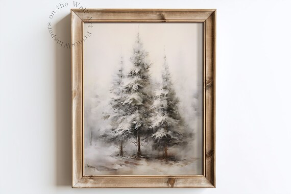 Vintage Christmas Wall Art Print Winter Holiday Decor Moody Christmas Tree Painting Farmhouse Art Print Living Room Art