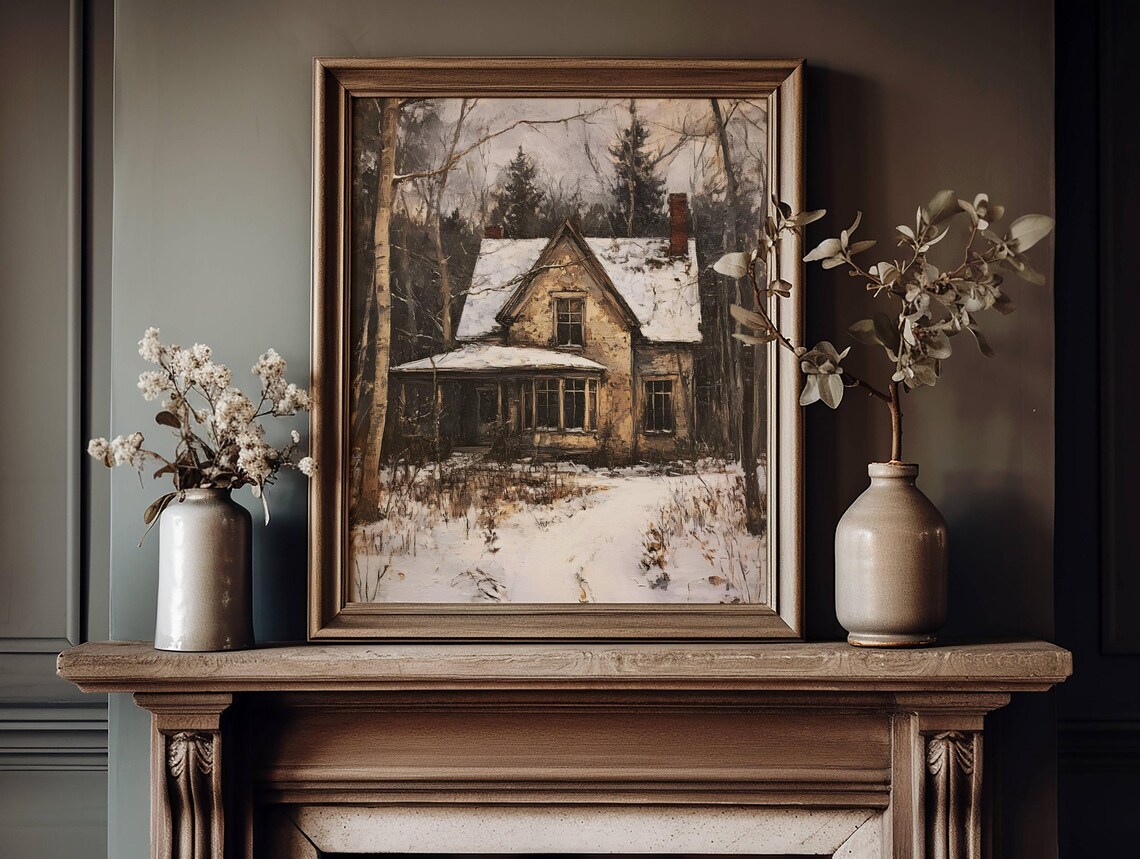 Snowy Cottage in Winter Woods Vintage Christmas Farmhouse Poster - Image 6