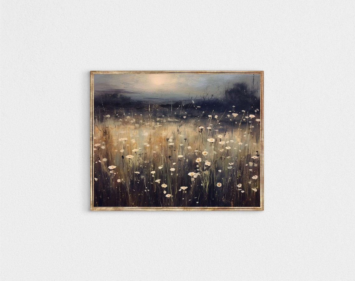 Wildflower Meadow at Dusk with White Blooms Moody Night Poster - Image 6