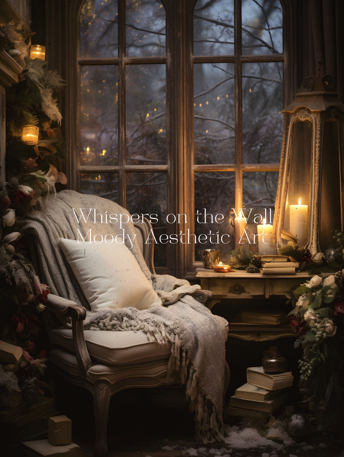 Cozy Night Reading Nook by a Candlelit Window Moody Winter Wall Poster - Image 5