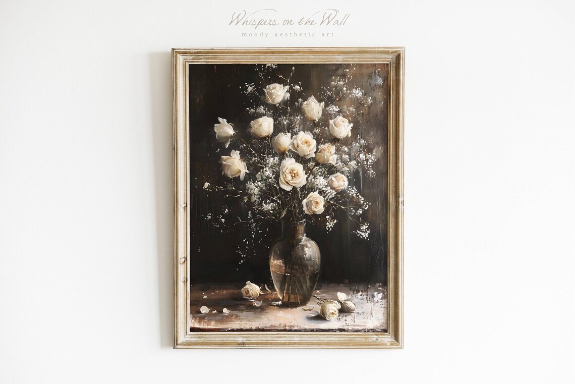Winter Rose Vase Art Print, Dark Floral Decor