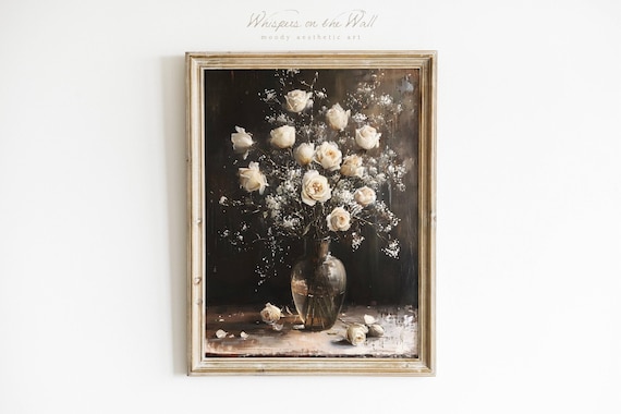 Winter Rose Vase Art Print, Dark Floral Decor