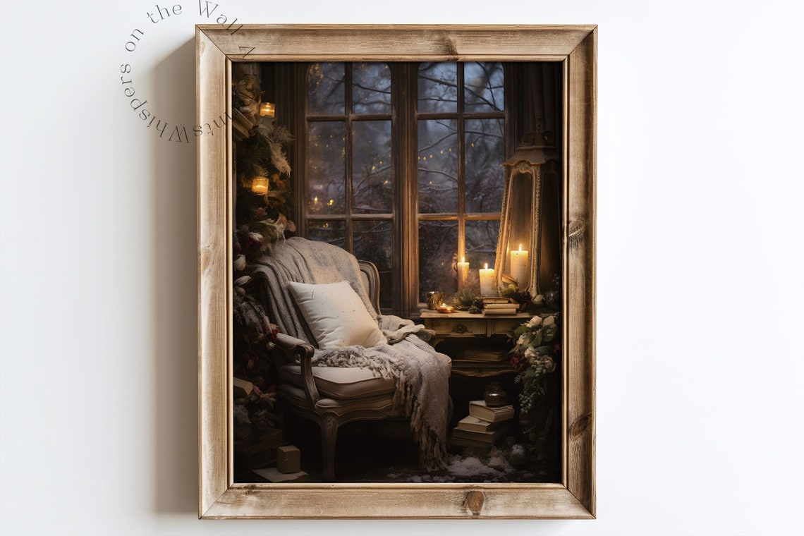 Cozy Night Reading Nook by a Candlelit Window Moody Winter Wall Poster