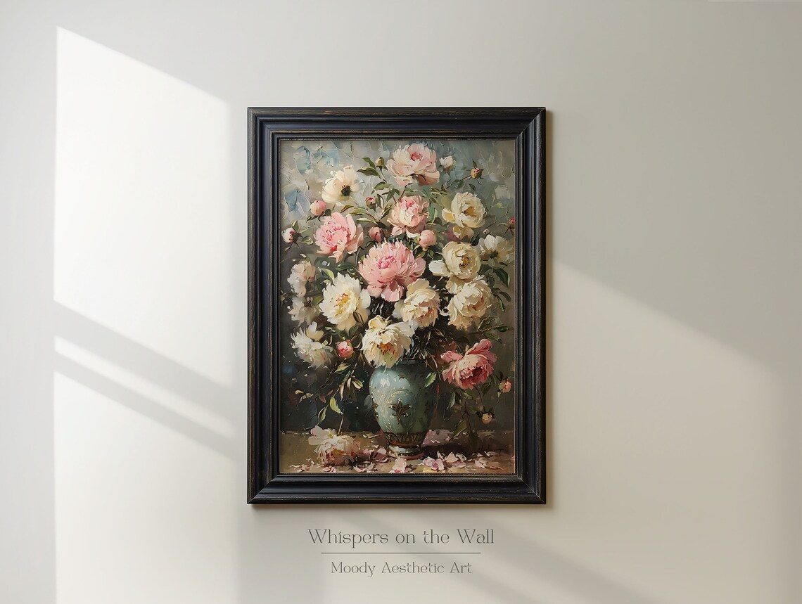 Pink Peonies in Turquoise Vase Vintage Floral Painting Poster - Image 3
