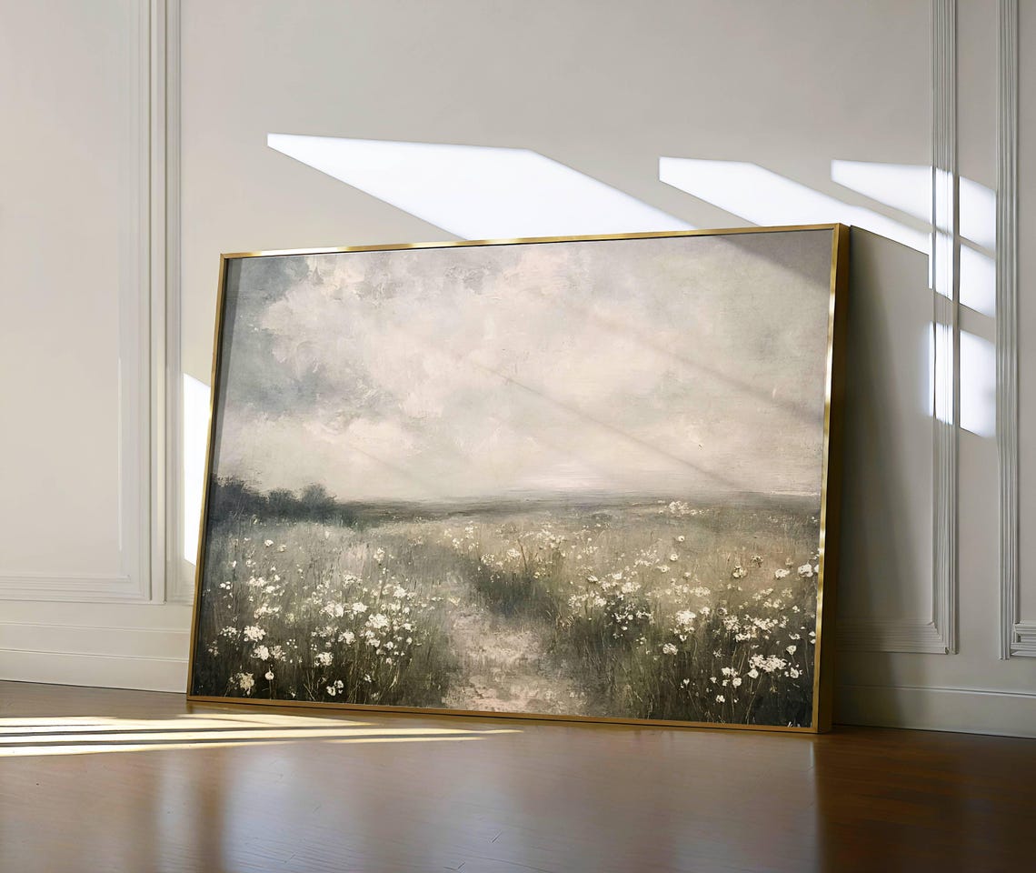 White Wildflower Meadow Under Soft Grey Clouds Vintage Poster - Image 2