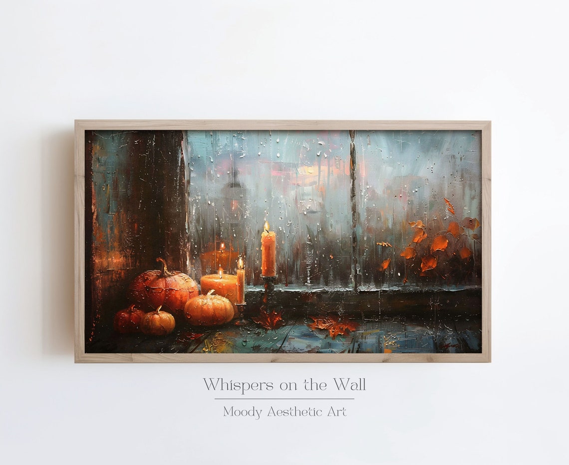 Fall Pumpkins and Candles by Rainy Window Autumn Painting Poster - Image 4