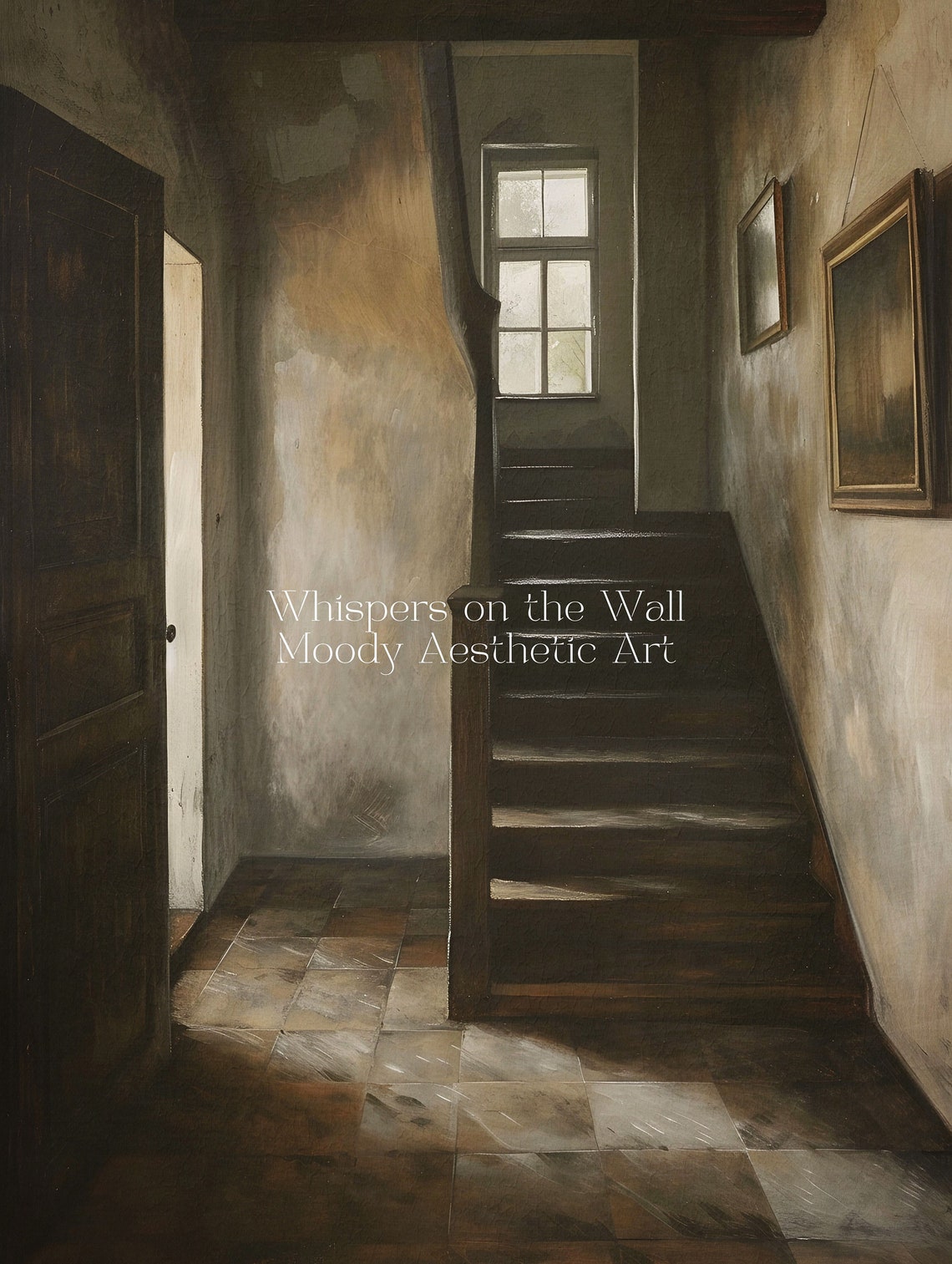 Old Wooden Staircase Interior with Open Door Dark Vintage Poster - Image 5