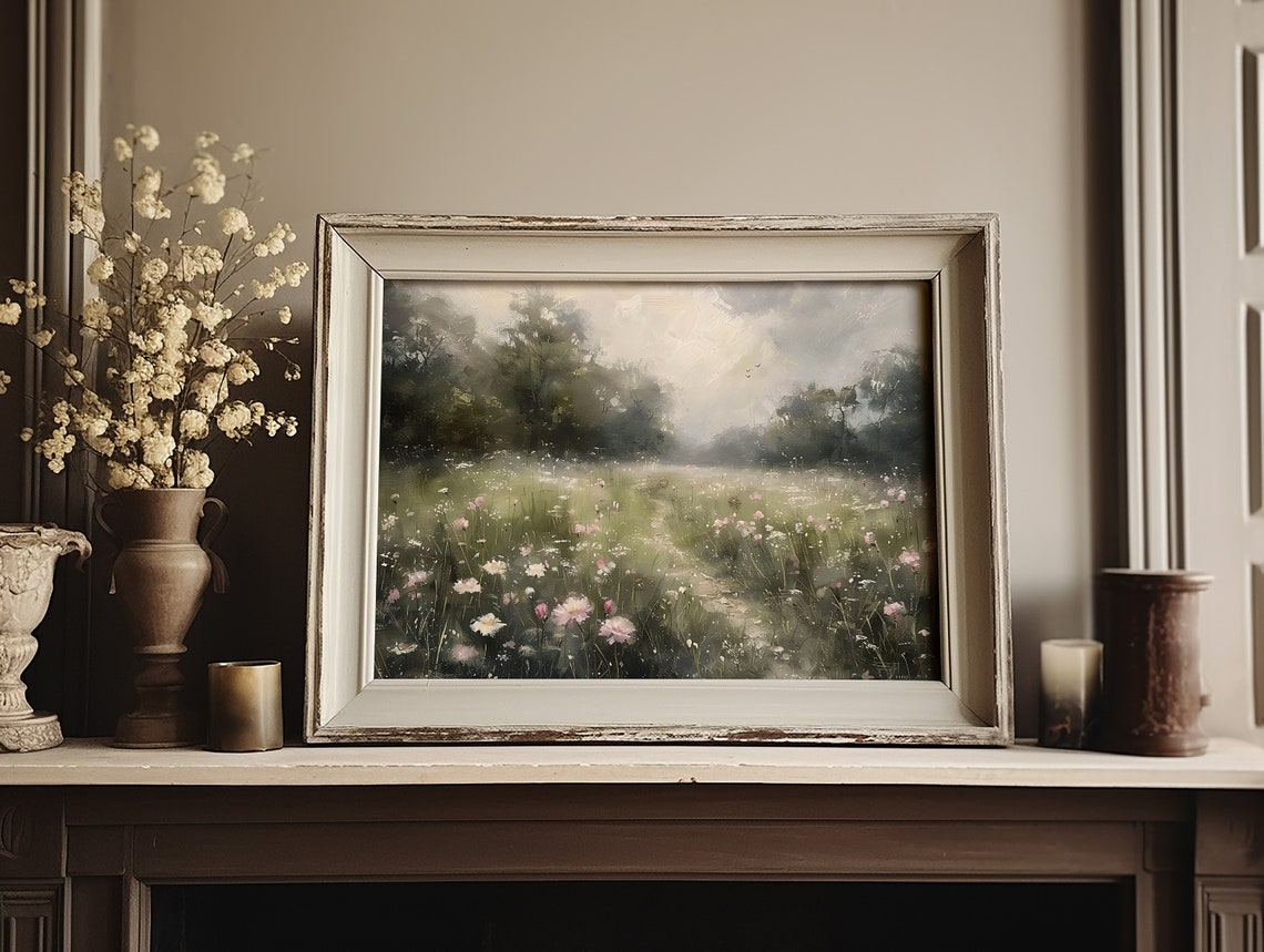 Misty Wildflower Meadow Path Vintage Landscape Painting Poster - Image 2