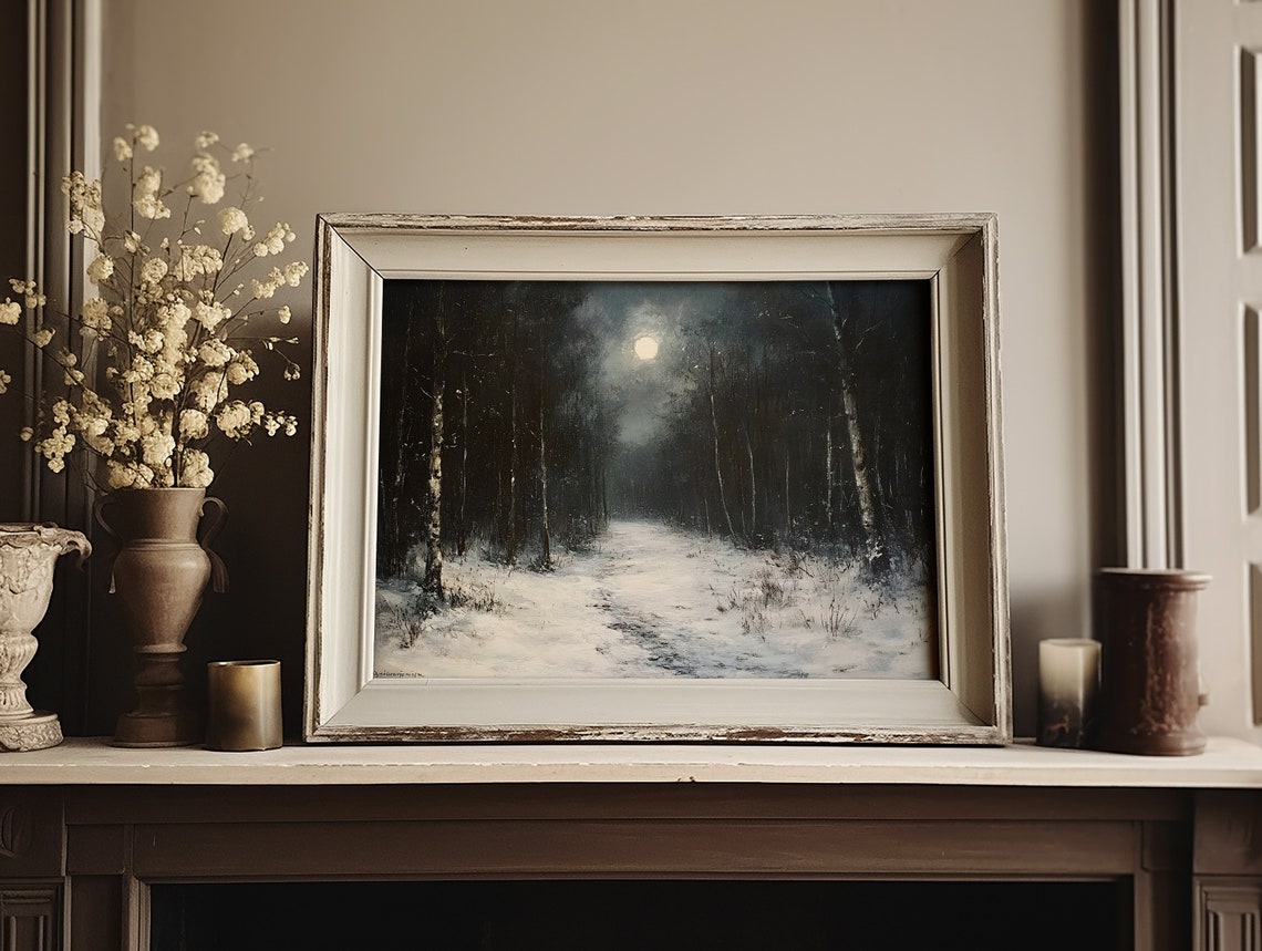 Moonlit Winter Forest Night Path Dark Moody Landscape Oil Poster - Image 2