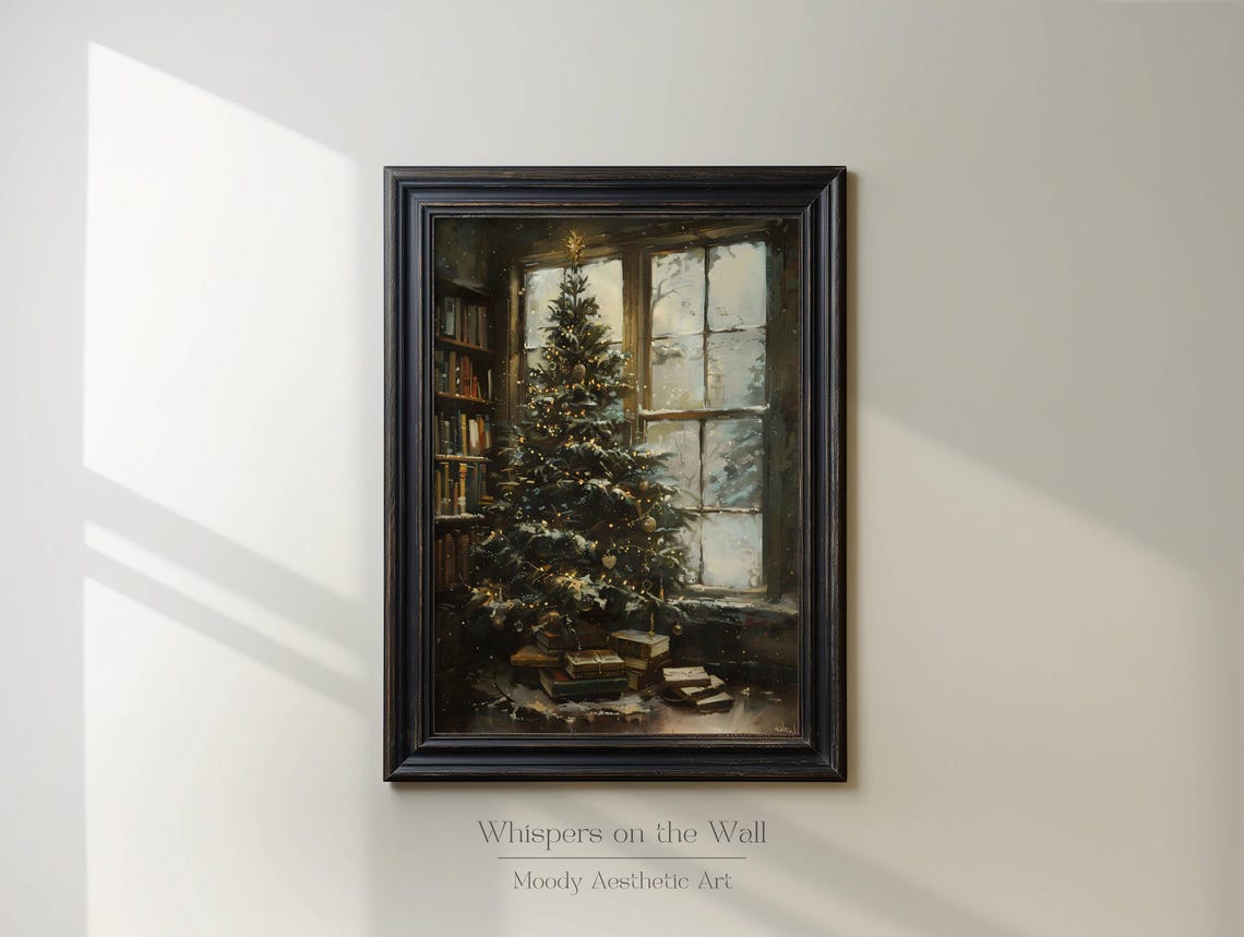 Christmas Tree in Cozy Library Window Bookish Holiday Oil Poster - Image 3