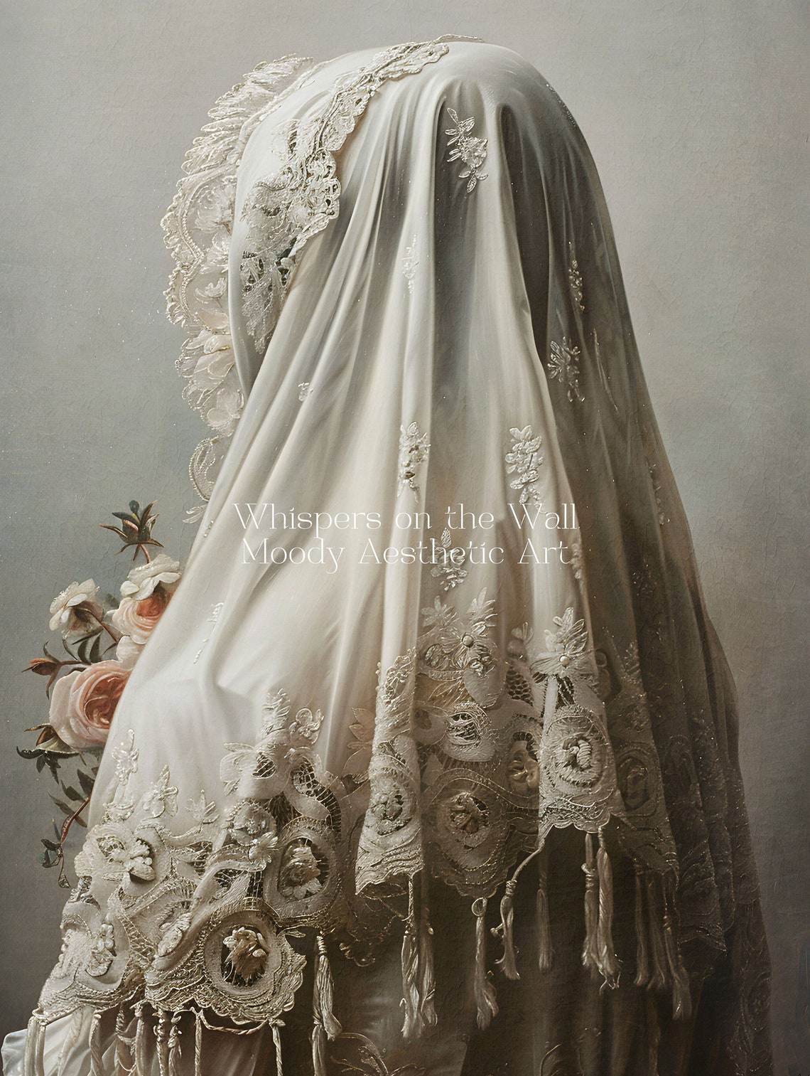 White Veiled Ghost With Lace Roses Spooky Vintage Art Poster - Image 5
