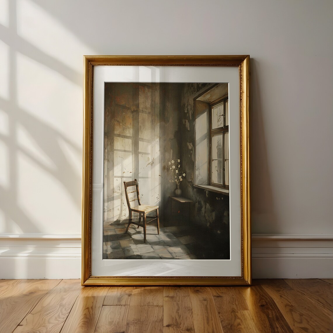 Empty Chair By Sunlit Window In Old Room Moody Interior Painting Poster - Image 2