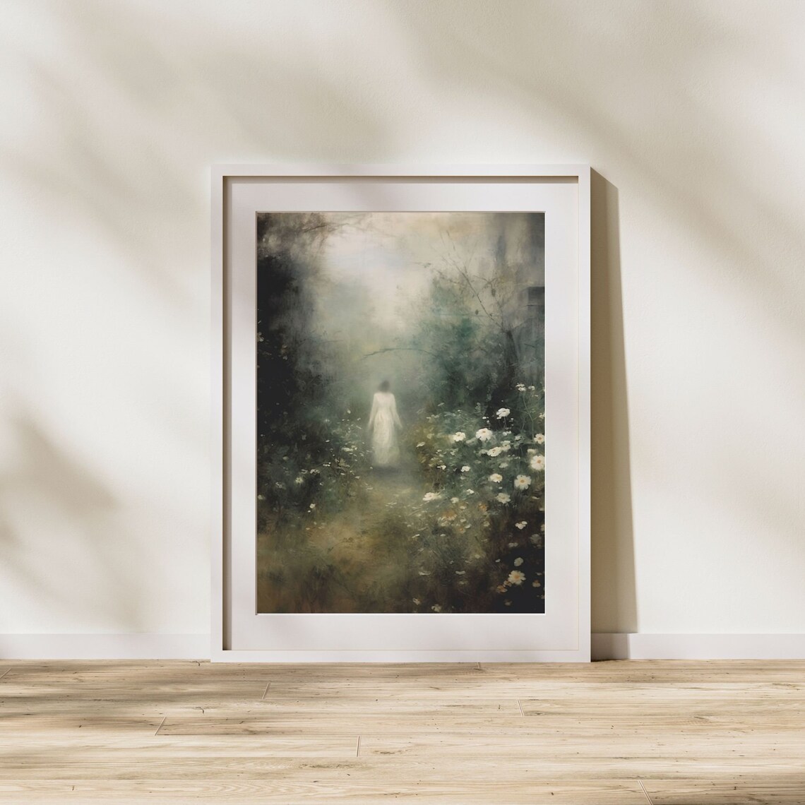 Ghostly Woman in White Dress in Foggy Daisy Garden Spooky Poster - Image 3