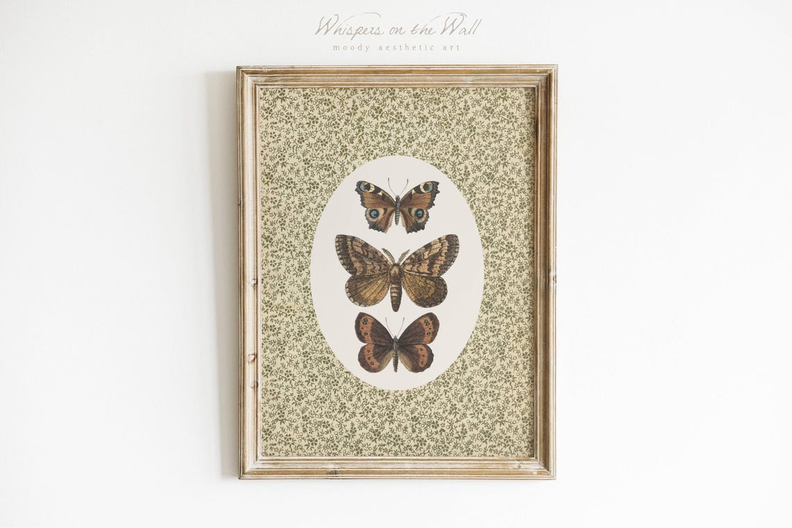 Vintage Butterfly Trio Illustrations Floral Olive Background Poster