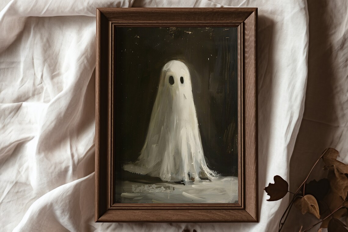 Cute Sheet Ghost in Dark Vintage Oil Painting Halloween Poster - Image 3