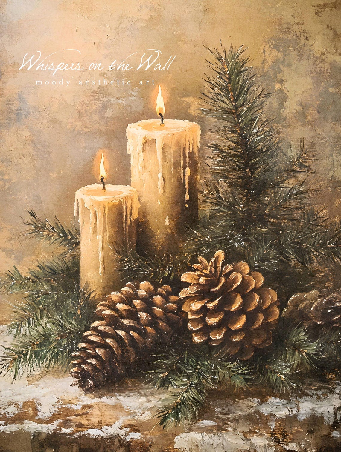 Vintage Christmas Candles Pinecones Evergreen Still Life Poster - Image 5
