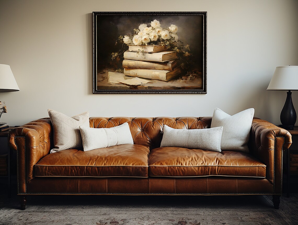 White Roses on Stack of Vintage Books Moody Still Life Poster - Image 4